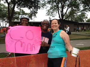 Tammy and her awesome sign! You can see all my diabetes devices under my tri top! 